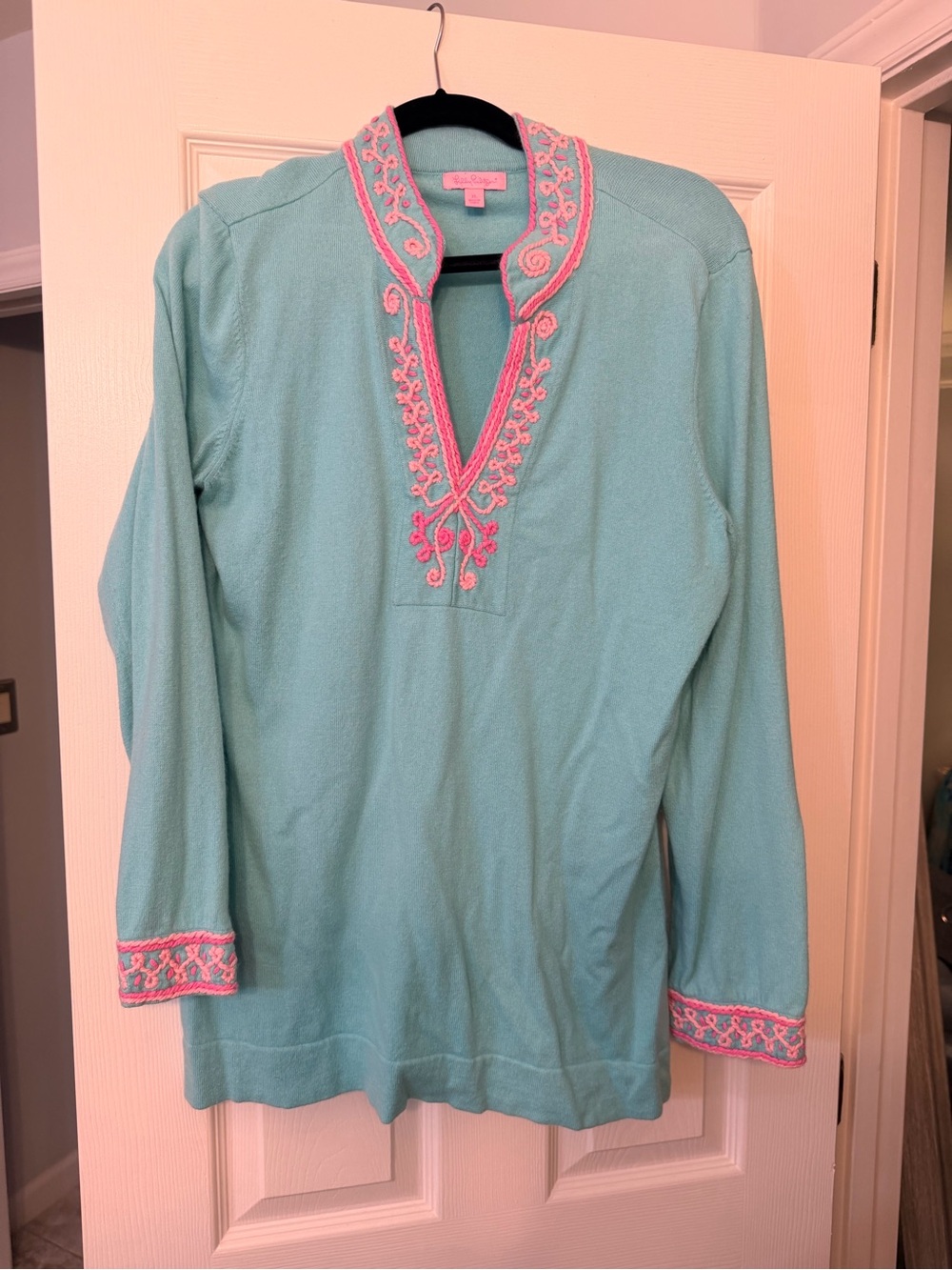 Lilly Pulitzer Turquoise Long-Sleeve Tunic with Pink Embroidery